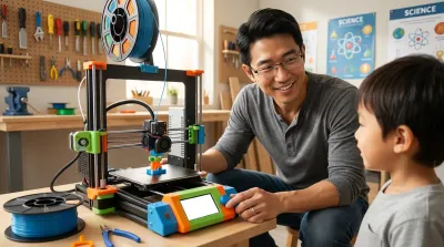 A man and child watch a colorful budget 3D printer create an object in a workshop.