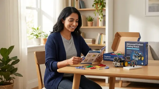 The woman from the reference image, smiling, examines a circuit manual for a beginner kit, with a more advanced robot kit nea