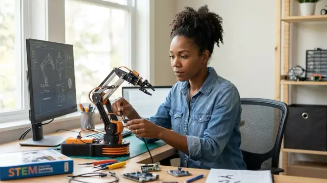 The author from the reference image is shown working on a robotic arm assembly in her workshop.