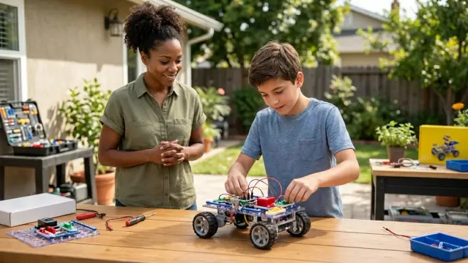 A woman observes a boy building a circuit-controlled vehicle outdoors, hands clasped.
