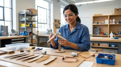 Woman in a blue jumpsuit and safety glasses assembles a cardboard wind turbine on a workbench in a workshop.