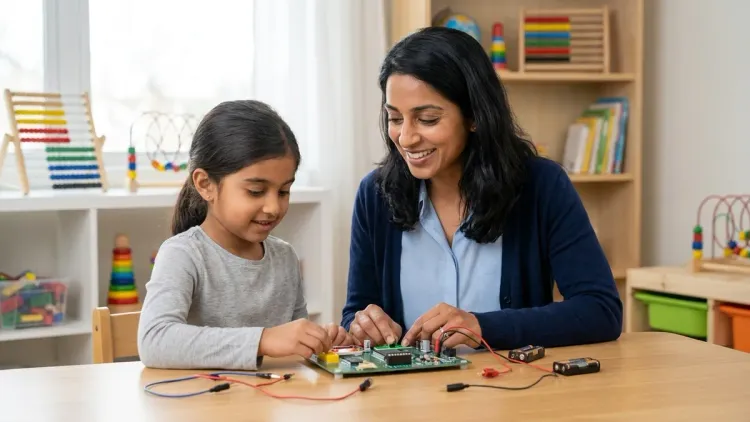 A woman and a young girl smile while working together on a circuit board project on a wooden table.