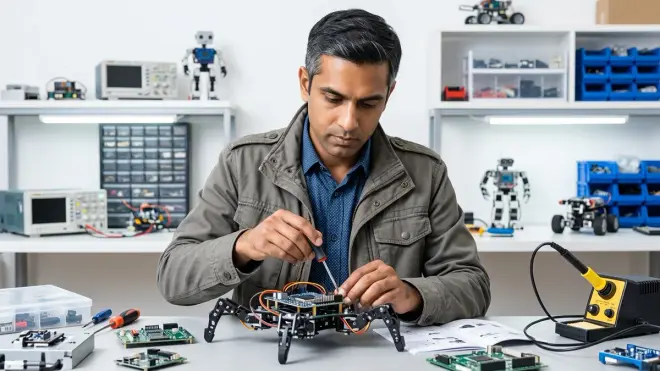 The specific man from the reference photo, wearing a utility jacket, uses a screwdriver to build a small robotic spider in a