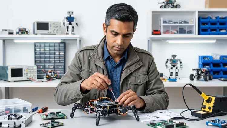 The specific man from the reference photo, wearing a utility jacket, uses a screwdriver to build a small robotic spider in a 