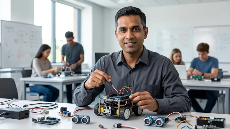 A man with a beard holds a screwdriver next to a robot in a classroom.