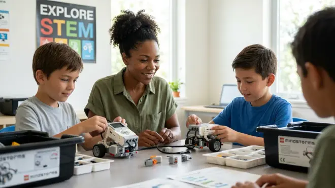 A Black woman helps children build and code robots in a brightly lit classroom.