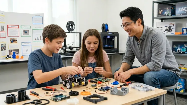 The man from the image works with two students on a robotics project in a STEM classroom.