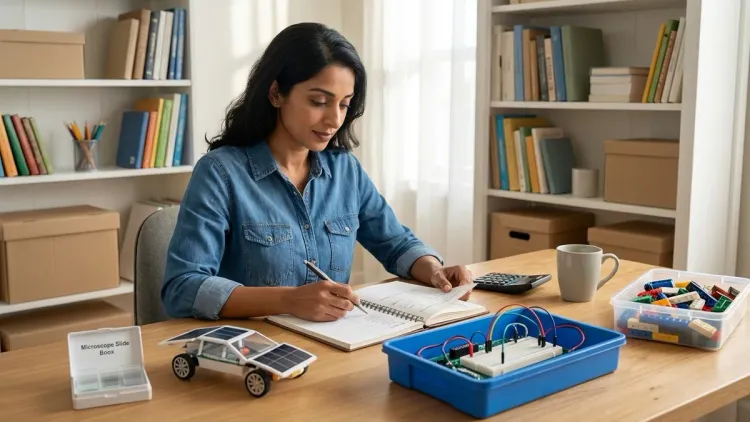 A woman plans a STEM budget in her home office, writing in a notebook with solar car models and circuit kits on her desk.