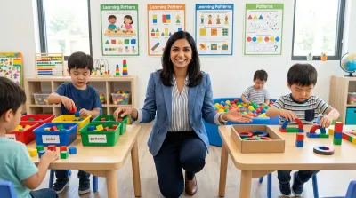 A woman in a blue blazer smiles in a classroom, gesturing to children playing with sorting blocks and building toys.