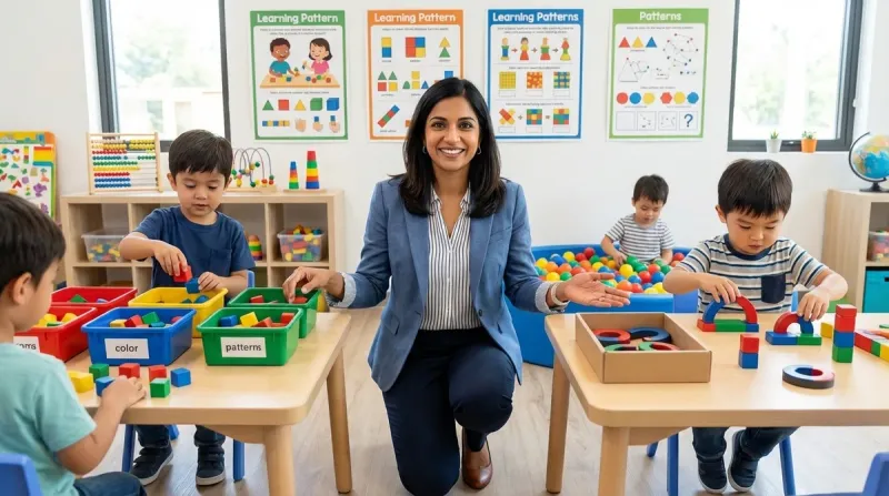 A woman in a blue blazer smiles in a classroom, gesturing to children playing with sorting blocks and building toys.