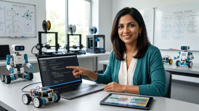 A woman codes a small wheeled robot with a laptop, transitioning from blocks on screen to Python script.