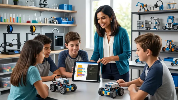 The woman from the reference image, in her teal cardigan, teaches four students block-based coding on a tablet.