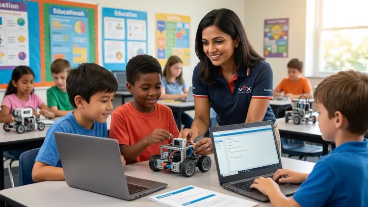 A teacher from image_0.png, now in a polo shirt, assists students with coding a robotics project in a classroom.