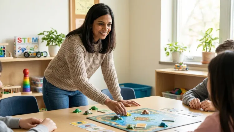 A woman smiles as she plays the "Robot Turtles Advanced Set" board game with children in a sunlit classroom.