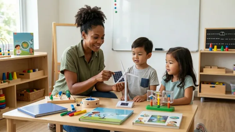 A woman resembling the author from the reference image teaches two children about renewable energy using a model solar panel